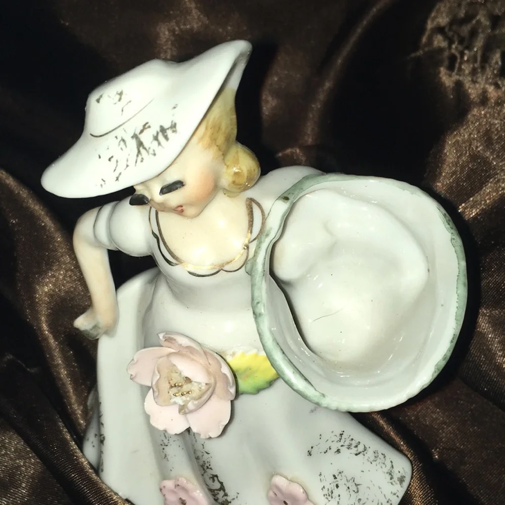 Vintage Porcelain Bud Vase Lady in Dress Eyelashes Pink Flowers Raised Relief
